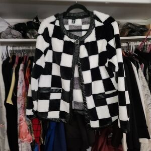 SHEIN Black and White Checkered Teddy Jacket